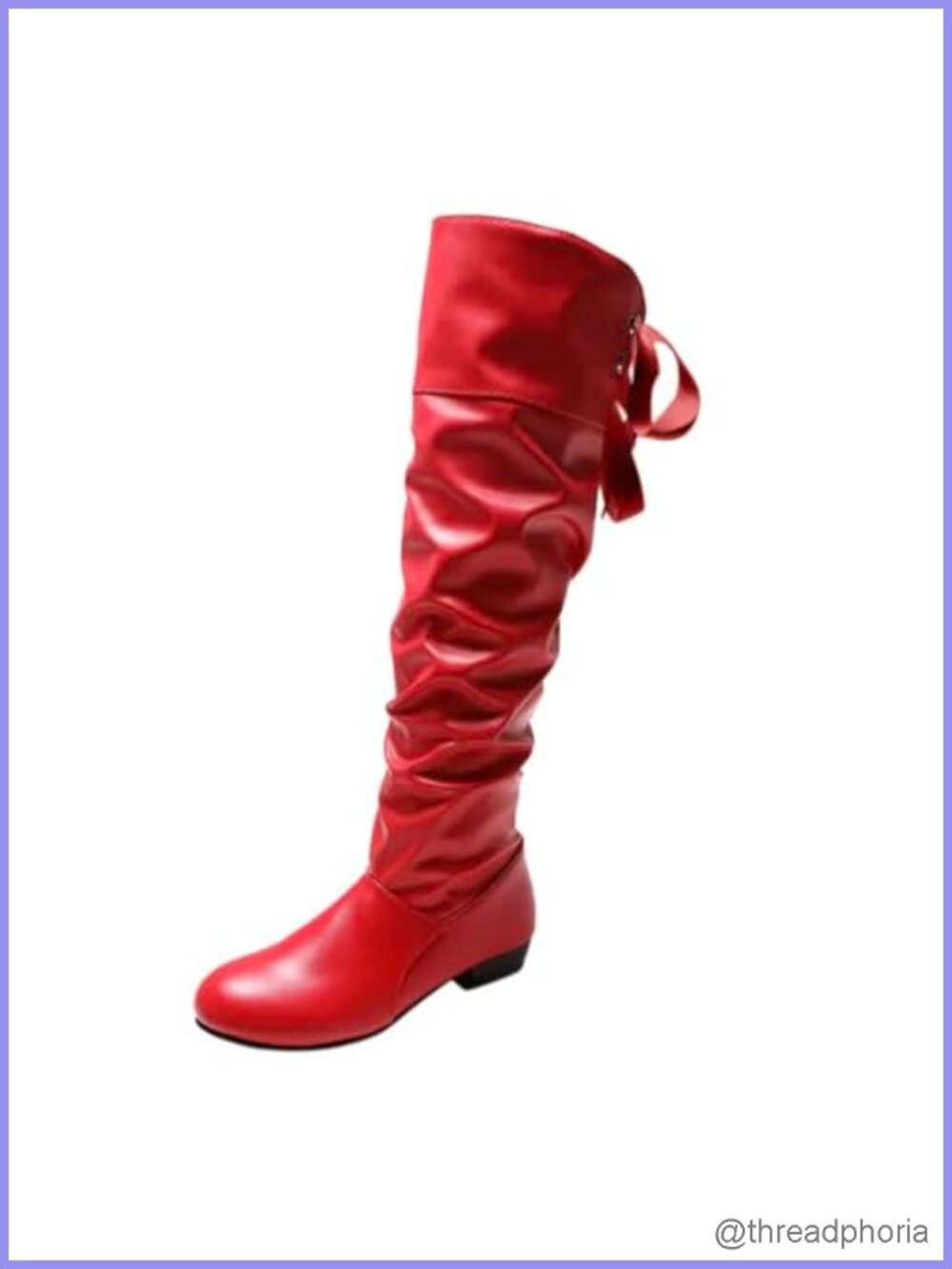 Knee High Boots Women Over the Knee with Bow Tie PU Leather Square Toe Lace Up